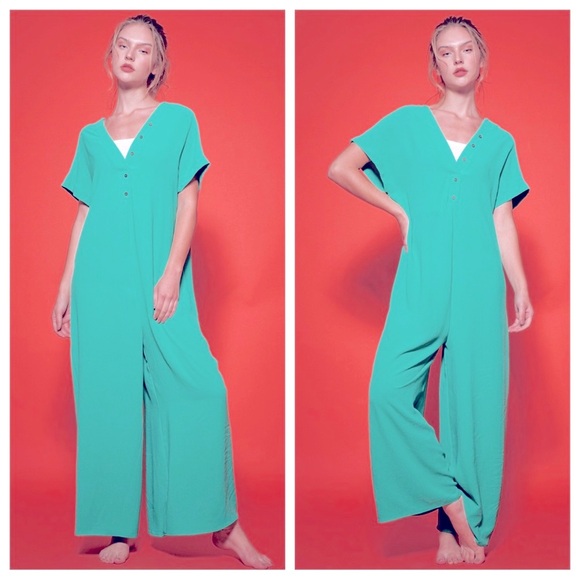 03 Boho Absolutely Fabulous Short Sleeve Wide Leg Button Front Jumpsuit - Picture 2 of 5